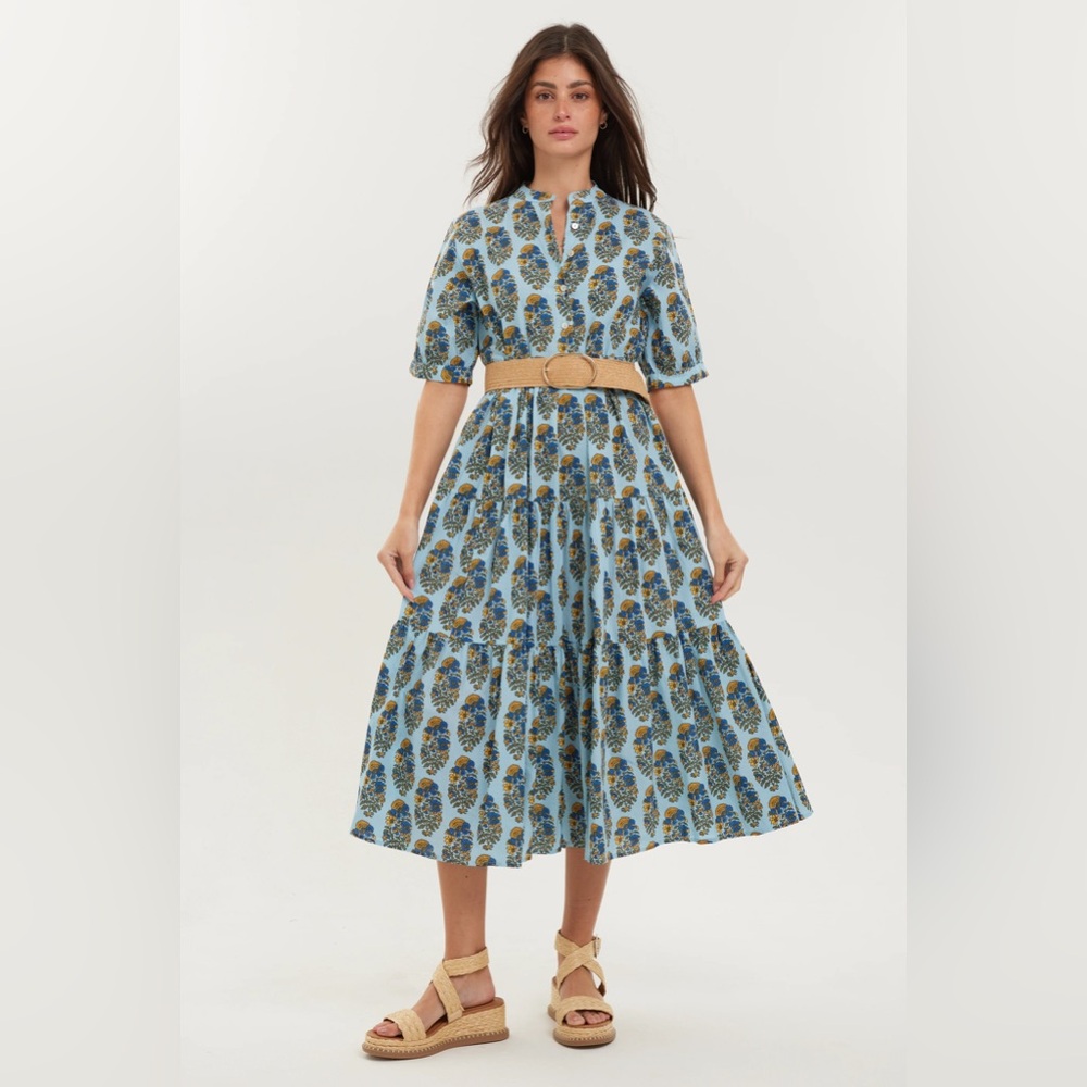 Light Blue Floral Tiered Midi Dress